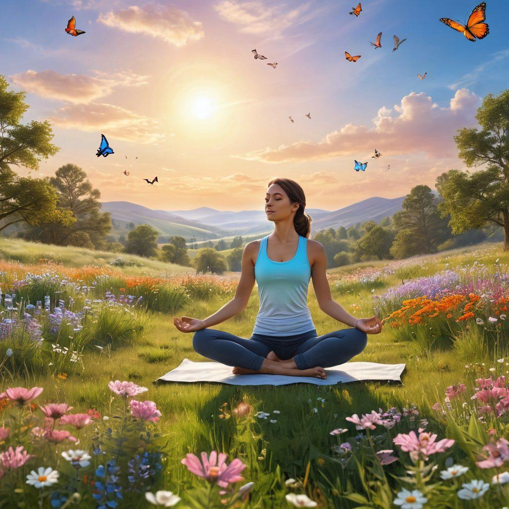 A serene landscape featuring a sunlit meadow filled with colorful wildflowers, a person practicing yoga in the foreground exuding happiness, gentle breeze, and butterflies fluttering around. The sky is a gradient of soft pastel colors, symbolizing tranquility. Super-realistic. Vibrant colors. 3D.