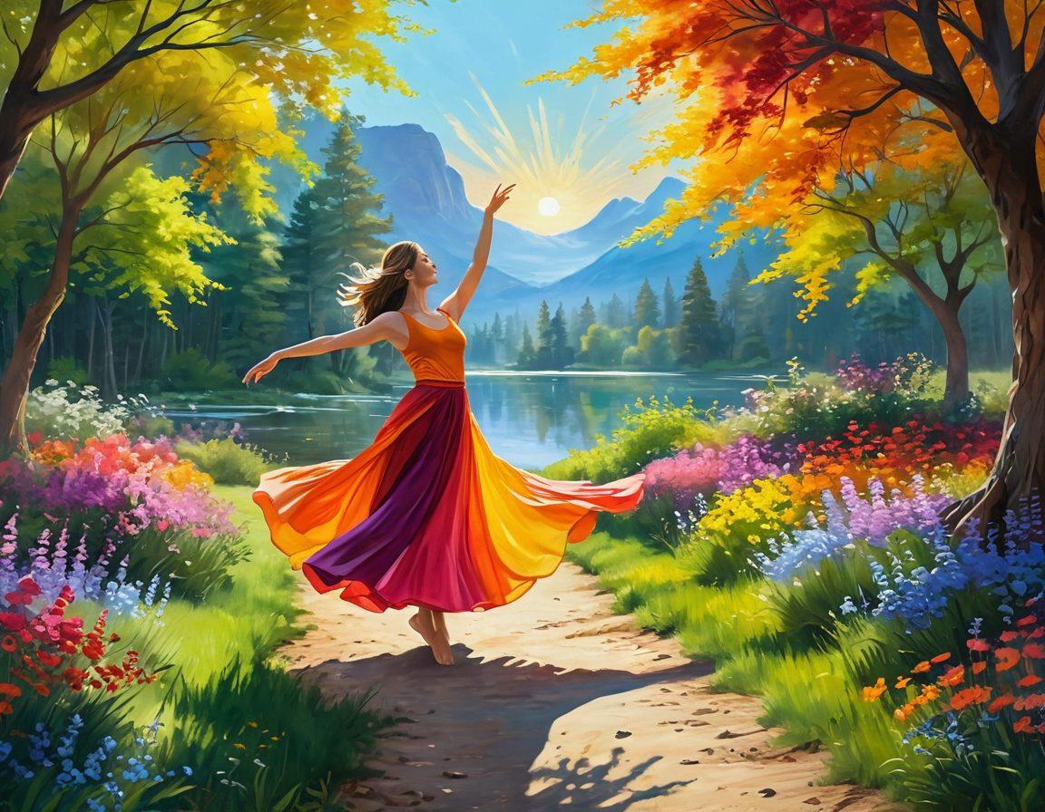 A serene landscape transitioning into a vibrant, joyful scene, with a person moving from a meditative pose in a calm setting to dancing in a colorful celebration. Include nature elements like flowers and sunlight gradually intensifying as the scene shifts. The colors should be warm and uplifting, symbolizing the transformation from contentment to elation. vibrant colors. super-realistic.