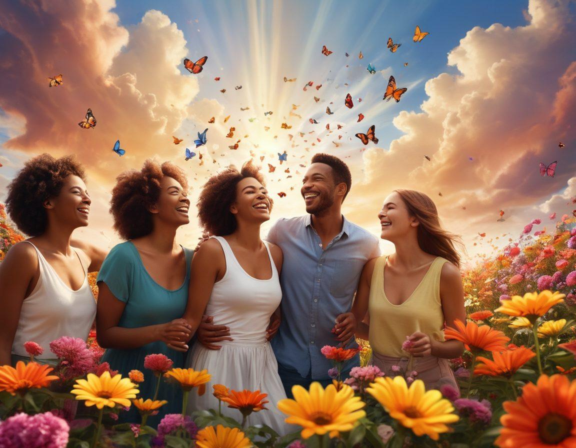 A bright, sunny scene depicting a diverse group of people sharing joyful moments outdoors, surrounded by colorful flowers and butterflies, with energetic expressions and laughter. Include elements that symbolize positivity and happiness, like sunbeams and heart shapes in the clouds. Emphasize the idea of fulfillment and connection. super-realistic. vibrant colors. warm tones.